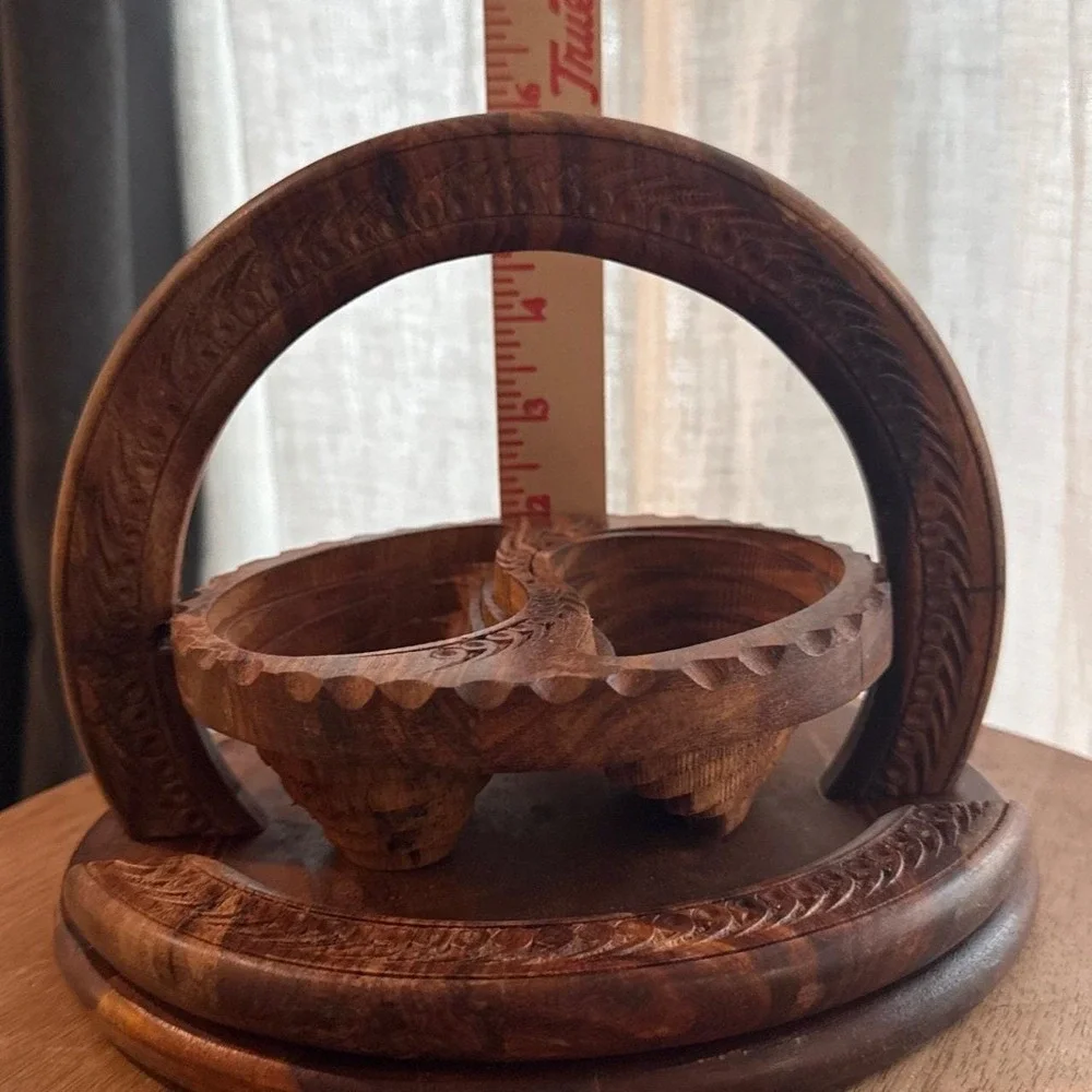 VTG Hand Carved Collapsible Yin Yang Wood Basket Folding Fruit Bowl Decorative‎